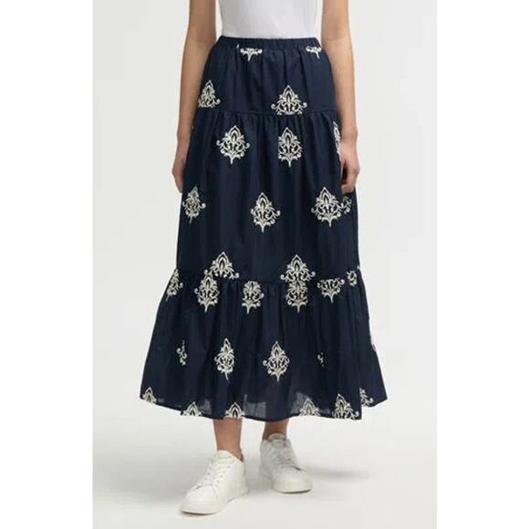 Anthropologie Dresses & Skirts - NVLT Embroidered Tiered Cotton Maxi Peasant Skirt Navy Blue Fleur de Lis Small